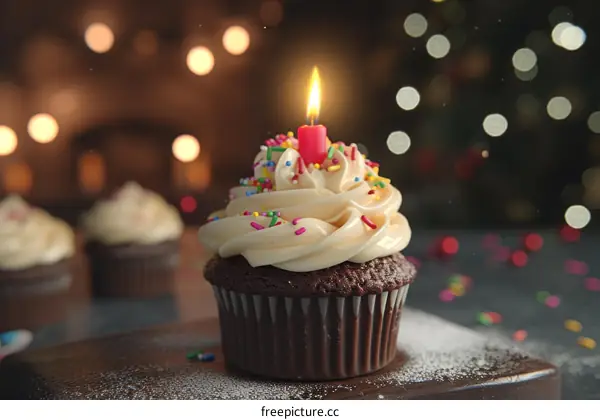A closeup of a chocolate cupcake with a lit candle on top