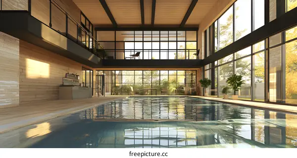 Modern Indoor Swimming Pool Design with Large Windows and Natural Light
