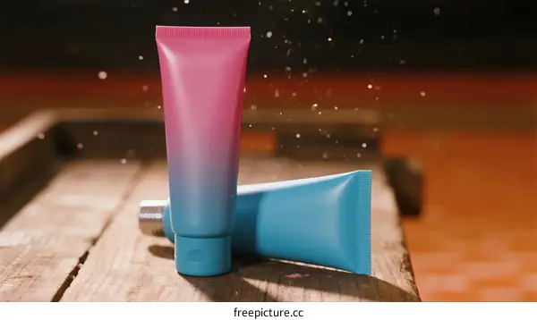 Two Colorful Cosmetic Tubes on Wooden Surface with Splashes