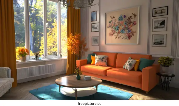 Living Room Interior Design with Orange Sofa and Autumn View