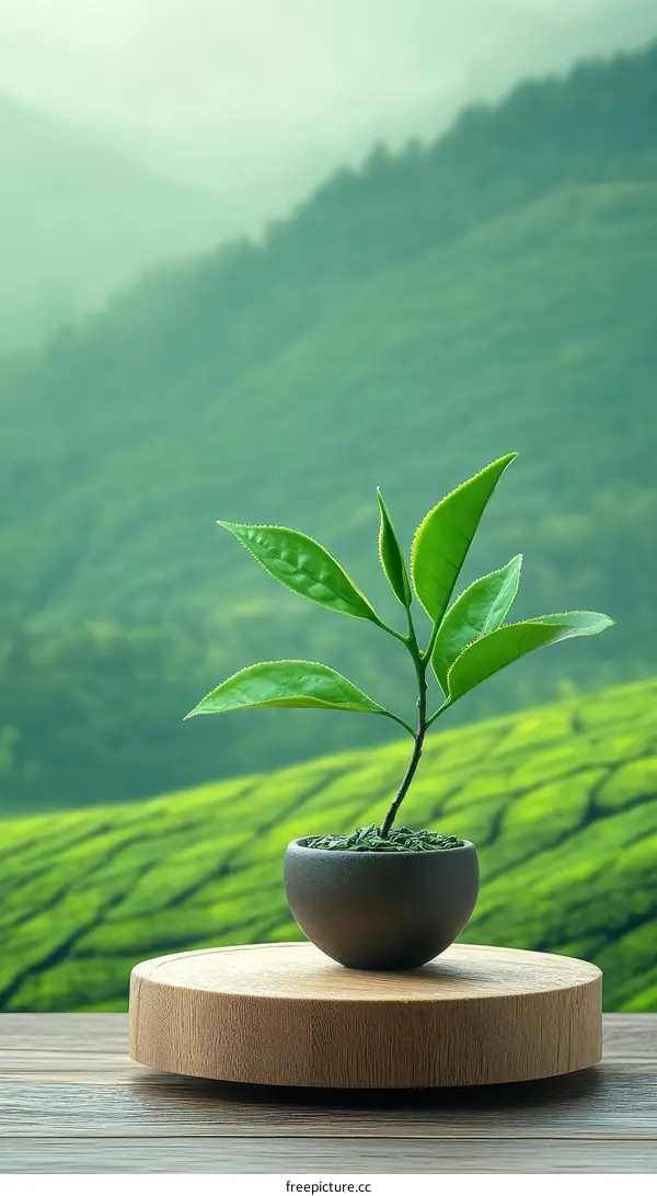 Tea Plant in a Potted Display against a Tea Plantation