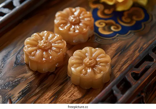 Closeup of Three Chinese Flower Shaped Cakes on Wooden Tray