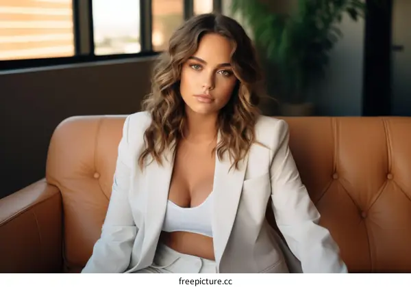 Brunette Female Model Posing in a White Suit