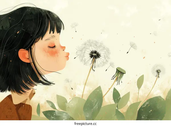 Little girl blowing dandelion seeds