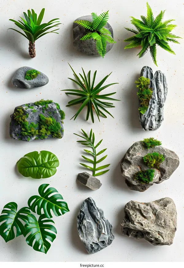 Tropical Plants and Stones on White Background
