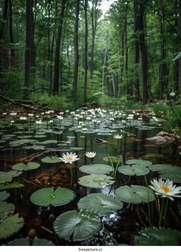 Mystical Forest Pond with White Water Lilies