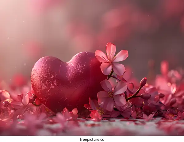 A pink heart-shaped stone and some cherry blossoms