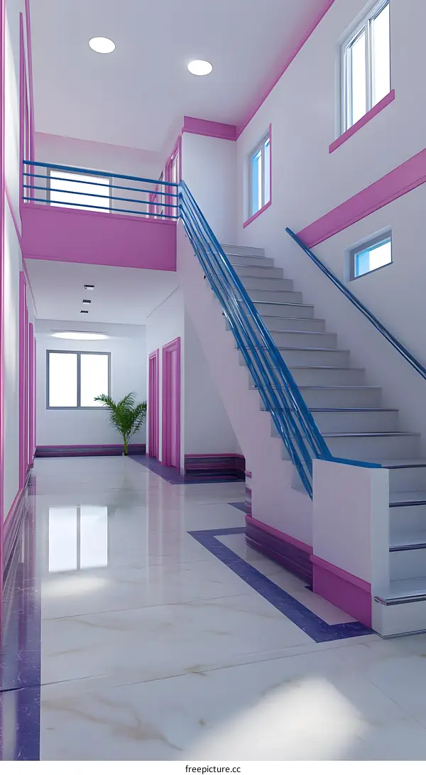 Modern Staircase Interior Design With Pink And Blue Accents