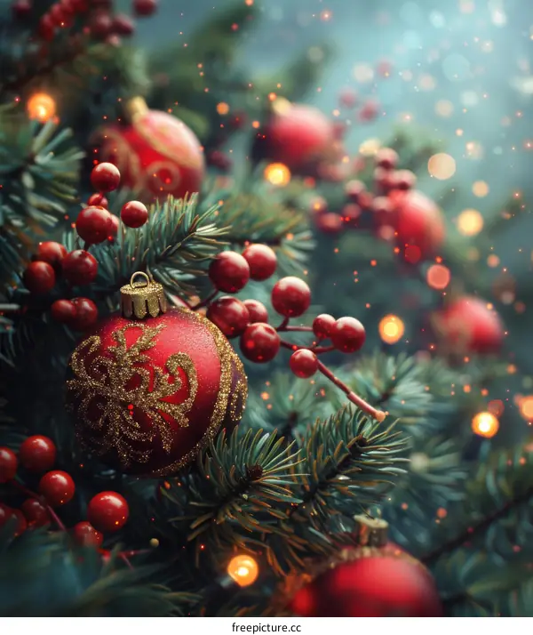 Christmas Tree with Red Ornaments and Berries