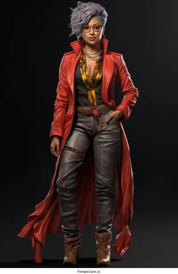 A stylish woman with short gray hair wearing a red leather trench coat and glasses