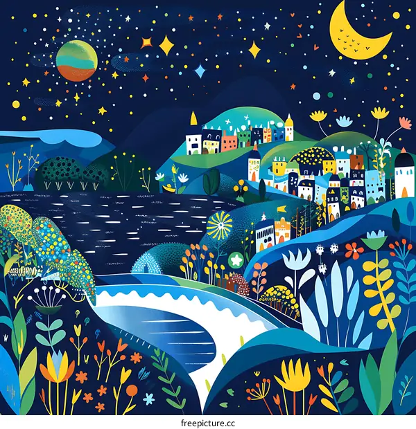 Night Sky Over Colorful Village With Moon And Stars Illustration