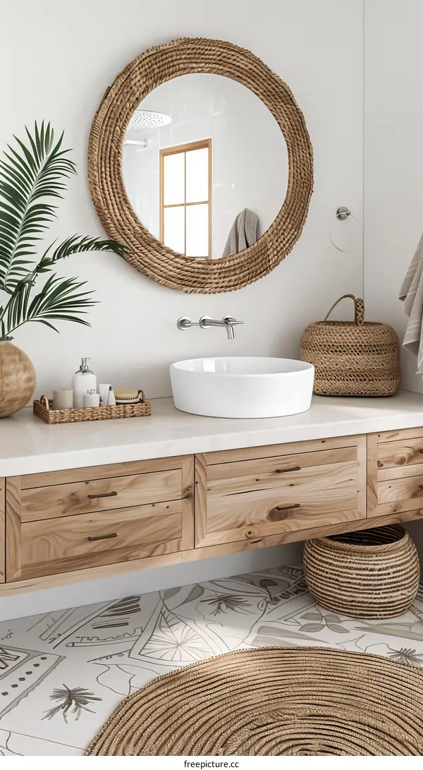 Bathroom Wooden Vanity with Round Mirror