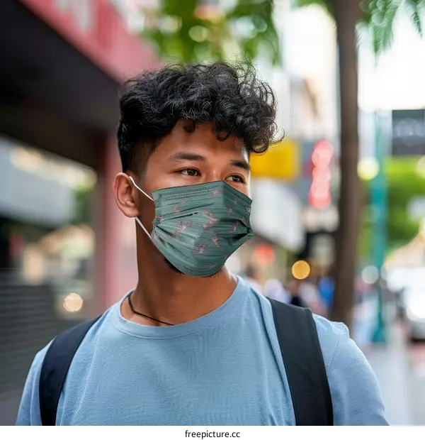 Curly-haired man wearing a mask with a pattern of red flamingos
