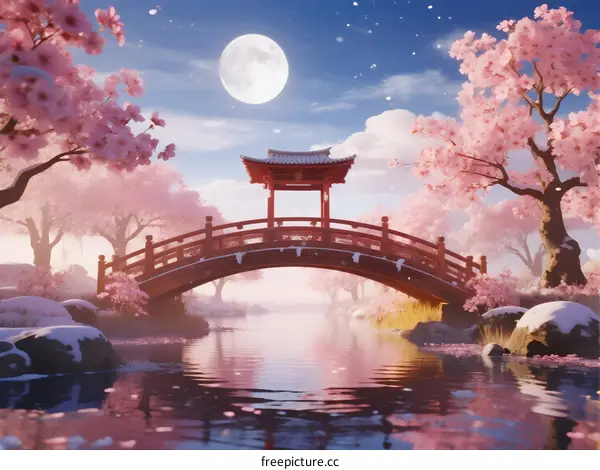 Peaceful Cherry Blossom Bridge Under Full Moon at Night