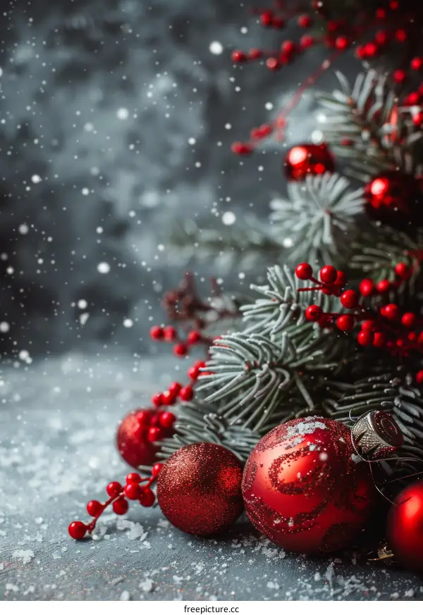 Christmas background with fir branches and red balls