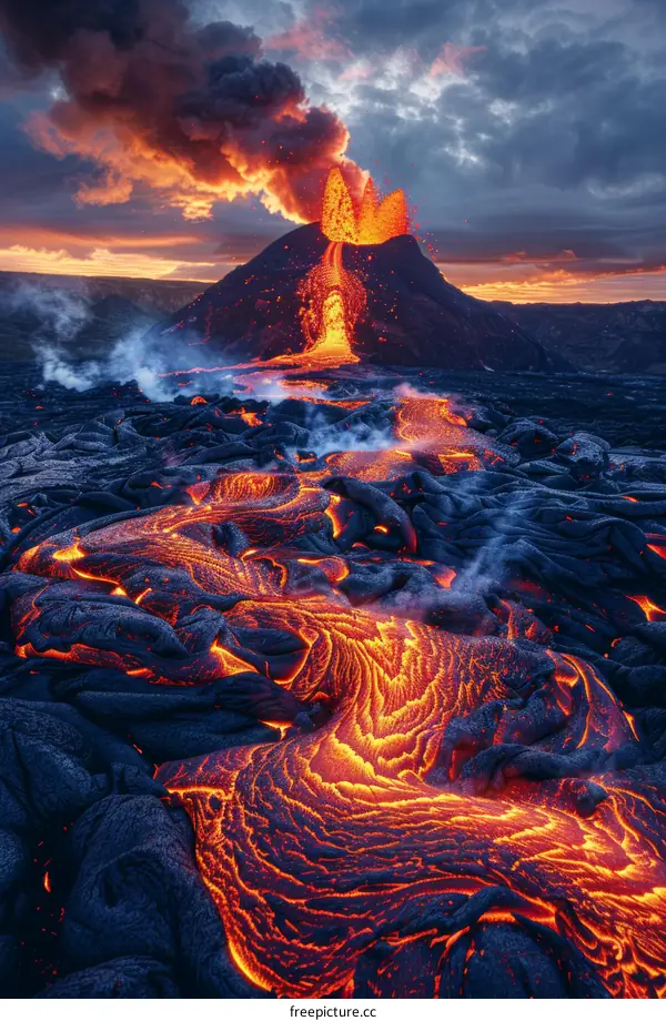 Lava Flowing Down The Slope Of A Volcano