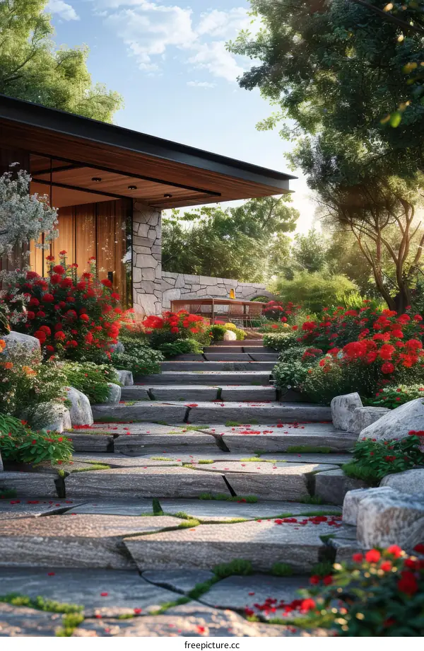 Pathway leading to modern house amidst a picturesque garden