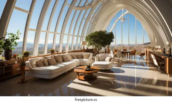 Modern interior of a luxury house with panoramic windows