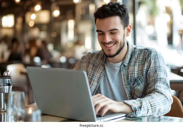 Smiling Man Using Laptop at Cafe