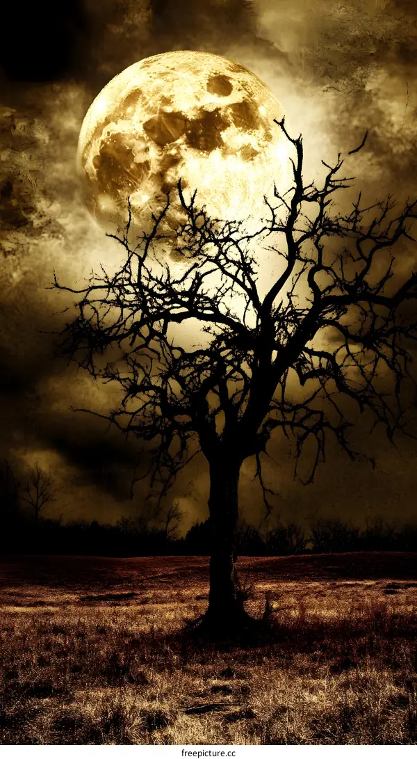 Silhouette of a Dead Tree Under a Full Moon