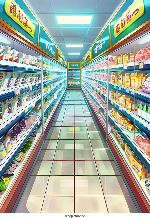 Illustration of a Supermarket Aisle with Shelves Full of Food and Drinks