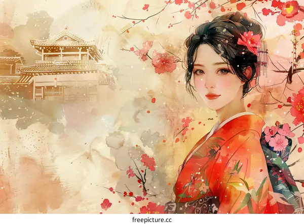 A beautiful Japanese woman in a red kimono standing in a field of cherry blossoms.