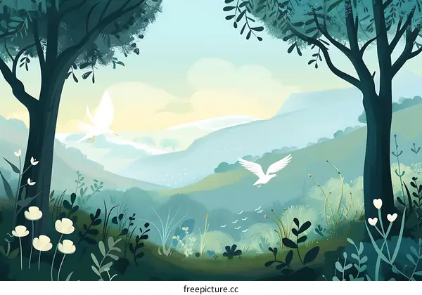 White Birds Flying Over Green Hills Landscape Illustration
