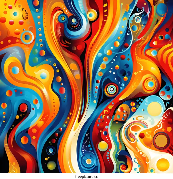 Colorful abstract painting with flowing shapes and vibrant colors