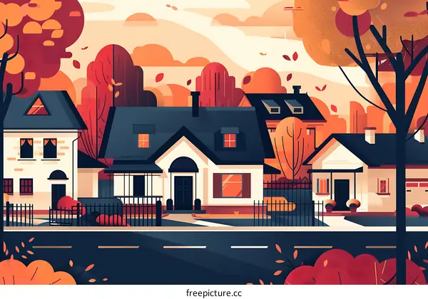 Autumn Leaves Fall on Suburban Street Houses