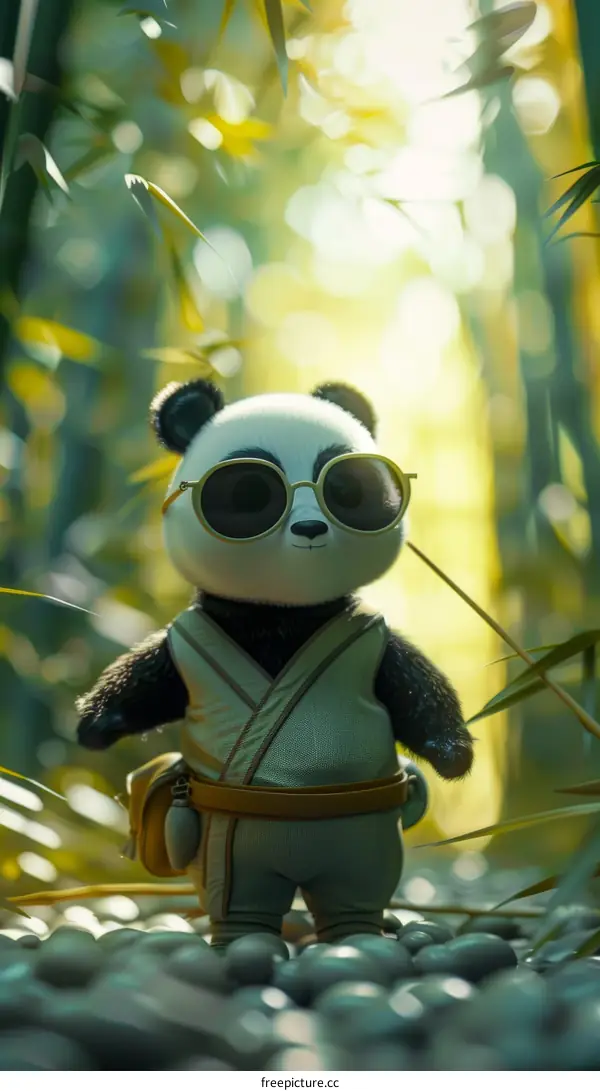 A cute cartoon panda in sunglasses and a festive green party hat stands in a verdant bamboo forest
