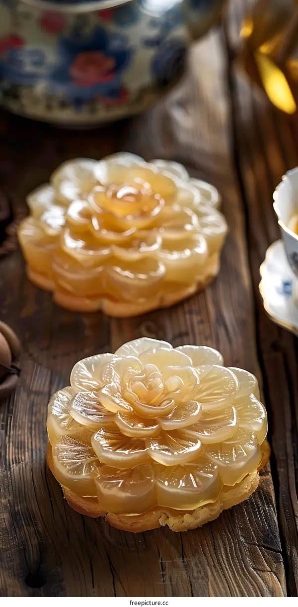 Closeup of Delicious Chinese Pastry in Flower Shape on Wooden Table
