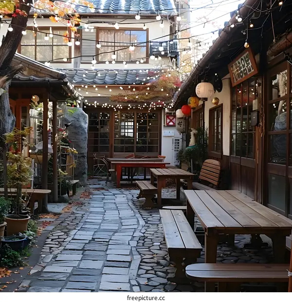 An alley with stone pavement and wooden tables and chairs