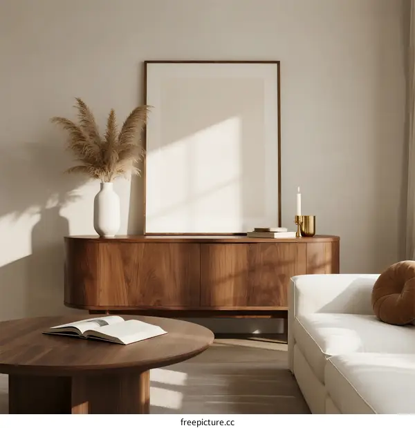 Warm Living Room with Wooden Furniture and Natural Decor