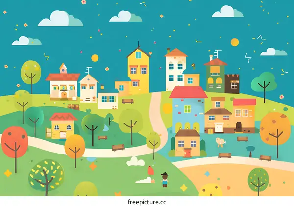 Cute Cartoon Illustration of a Small Town with Houses, Trees, and a Person