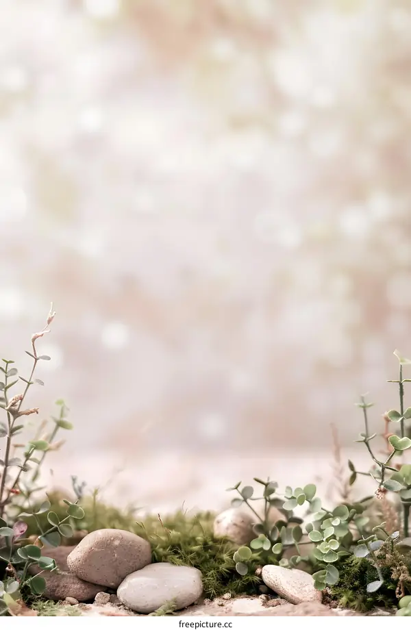 Green Leaves and Stones on a White Background