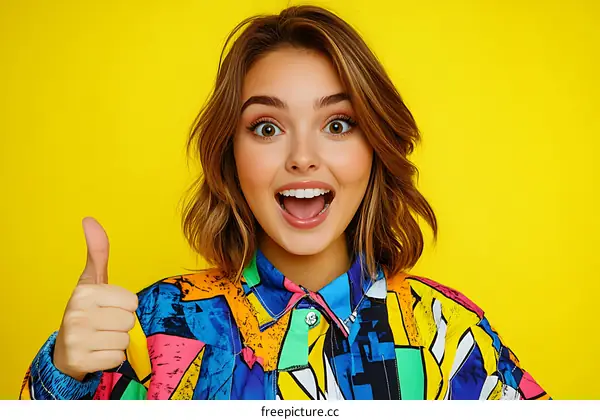 Happy Woman Showing Thumbs Up in Colorful Shirt