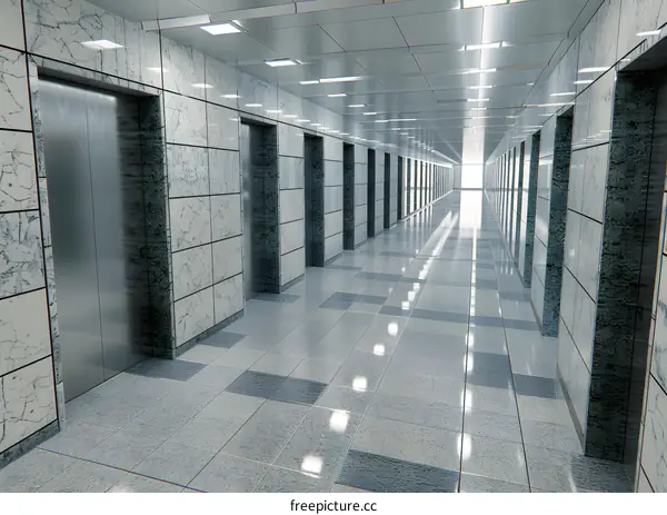 Modern Office Building Hallway With Multiple Elevators