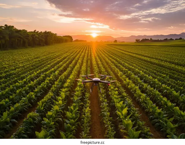 Drone flying over a large agricultural field at sunset