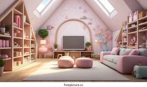 A cozy pink attic playroom for a little girl