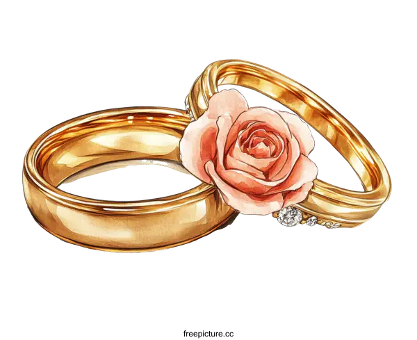 [Transparent Background PNG]Elegant Watercolor Illustration of Wedding Rings with Rose