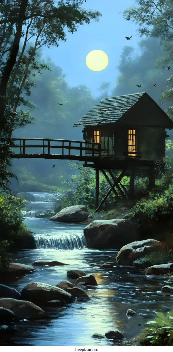 Cabin by the Creek Under a Full Moon