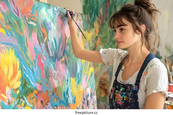 Woman Painting Abstract Floral Artwork In Studio
