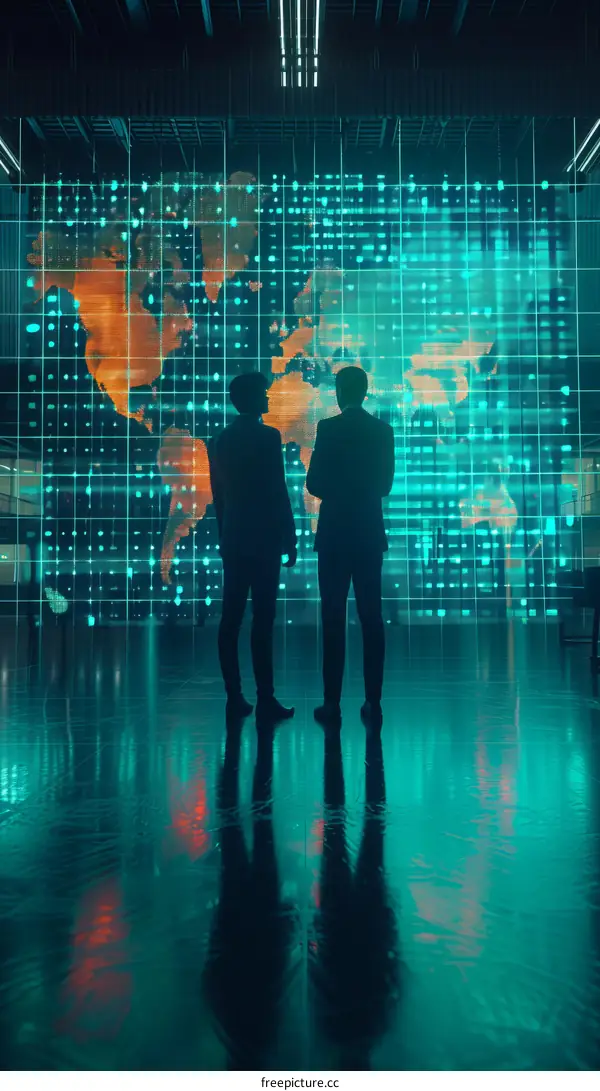 Two businessmen discussing the future of technology in front of a digital world map.
