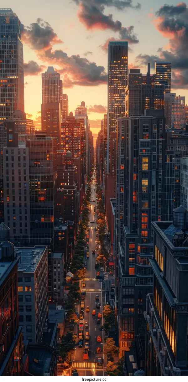 Sunset Cityscape Aerial View of Manhattan Streets