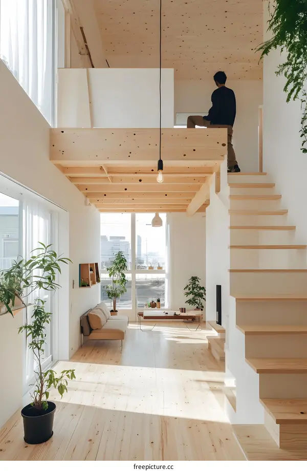 Modern Minimalist Home Interior Design With Wooden Beams And Stairs