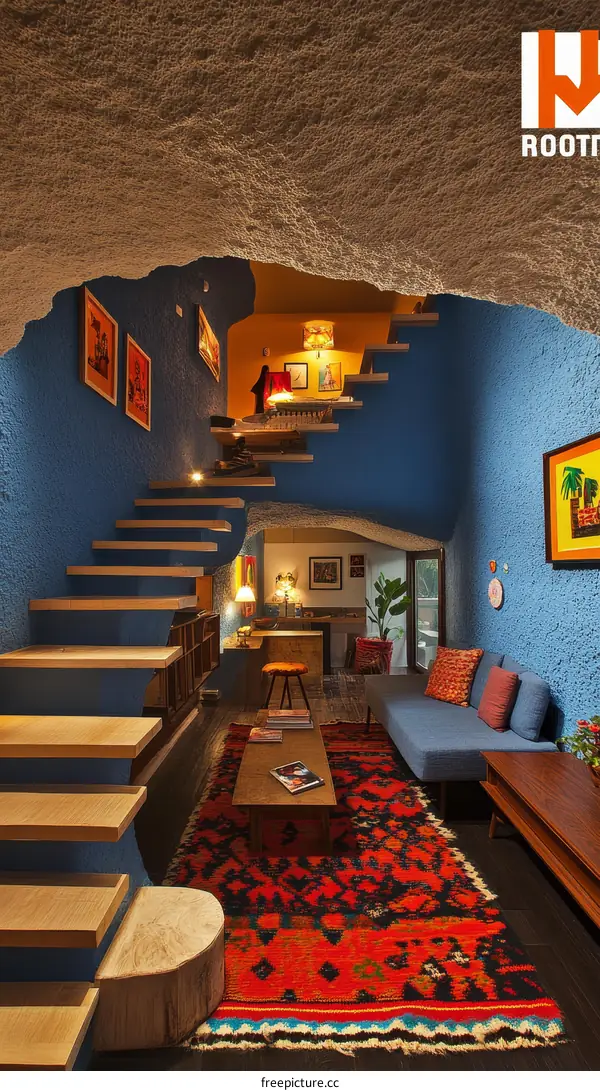 Cave-like Interior Design with Wooden Staircase and Colorful Rug