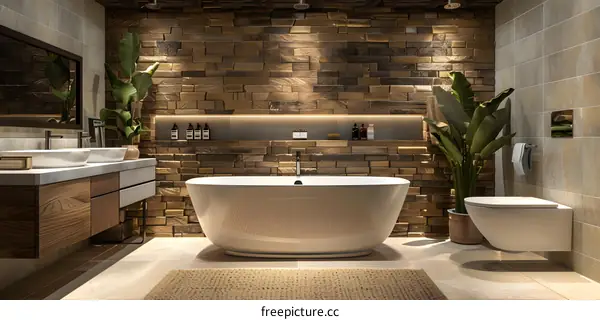 Bathroom interior with natural stone wall tiles and wooden vanity