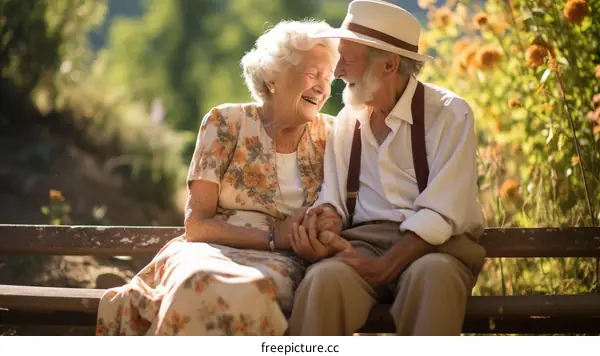 Happy elderly couple sitting on a bench in the park