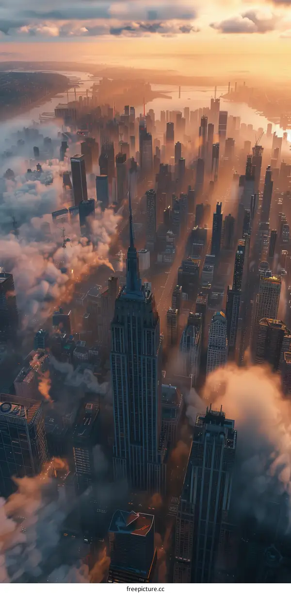 Aerial View of New York City Skyline at Sunrise
