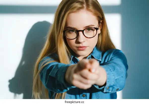 Young woman in denim shirt pointing directly at the camera